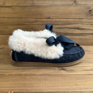 Tory Burch Aberdeen fur-trimmed suede moccasin slippers